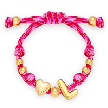 Imagem de HolidayQbee Pulseira feminina com inicial bolha banhada a ouro 14 K delicada, com letra de bolha, inicial, coração, personalizada, feita à mão, ajustável, joias, presentes para o Dia dos Namorados