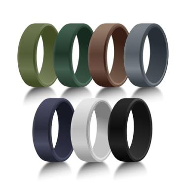 Imagem de Pinannie Conjunto de 7 anéis de borracha e silicone para homens – 8 mm de largura, hipoalergênico, colorido, aliança de casamento alternativa, joia de estilo de vida ativo, tamanhos 7 a 14, Silicone