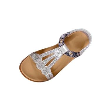 Imagem de Sandália feminina boêmia de strass bico redondo bico aberto tira elástica para casual primavera verão, Prata, 38