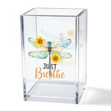 Imagem de Vgrti Just Breathe – Copo de acrílico para lápis cosmético, organizador de mesa com libélula, acessórios para decoração de escritório em casa, presentes motivacionais para mulheres, meninas, colegas