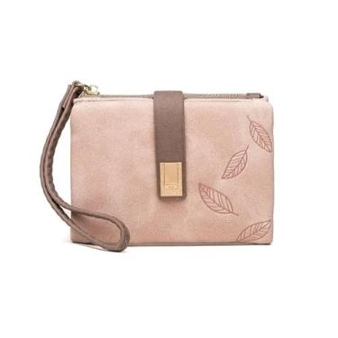 Imagem de Carteira feminina com estampa de folhas curtas, bolsa de couro pequena com alça de pulso, Rosa, One Size