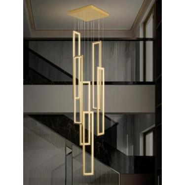 Imagem de Lustre moderno de 6 anéis LED preto, grande, retangular, para escadas, com intensidade regulável, para tetos altos, com controle remoto, ideal para iluminação de tetos em hotéis, restaurante
