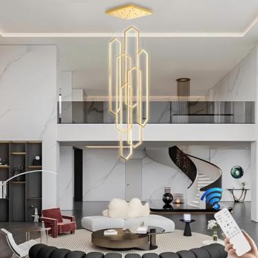 Imagem de Lustre LED para Escadas, Luminária Moderna de Teto Grande com Estrutura de Alumínio e Controle Remoto, Ideal para Salas de Estar, Quartos de Hotel e Restaurantes (Dourado, 6)