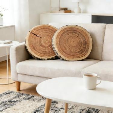 Imagem de SUPTINWEAR Almofada redonda de 35,5 cm - Design realista de madeira impressa em 3D, almofada decorativa de suporte lombar para sofá, cadeira, escritório (pacote com 2)