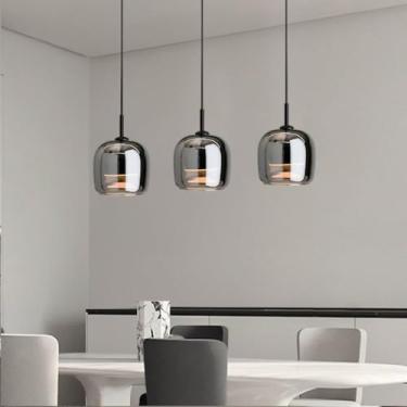 Imagem de Lustre pendente LED moderno com cúpula de vidro ajustável, luminária de teto redonda com abajur de vidro preto para sala de jantar, quarto, cozinha, ilha, hall de entrada.