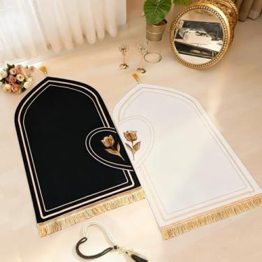 Imagem de Drydiet Conjunto de 2 peças de tapete de oração para casal muçulmano design de coração com 2 peças de contas de oração preto e branco tapete de viagem macio curto veludo islâmico para casais, mulheres