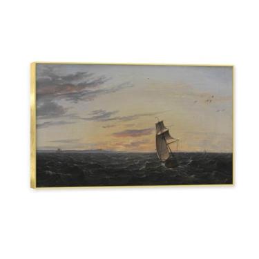 Imagem de NHLDZYH Moldura dourada. Reprodução de arte de alta qualidade J.C. Dahl Pintura de paisagem romântica Imagem em tela emoldurada Presente elegante para conhecedores de arte. (crepúsculo costeiro). 30 x