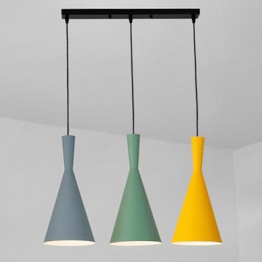 Imagem de Luminária pendente de 3 lâmpadas E26 para sala de jantar, lustre linear moderno, luminária suspensa colorida de metal para quarto, luminária pendente para ilha de cozinha, altura ajustável