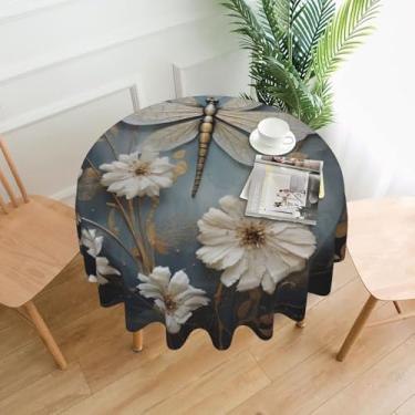 Imagem de QAZWZML Toalha de mesa decorativa redonda com estampa de libélula branca de 152 cm, adequada para mesas de jantar, mesas de café, piqueniques