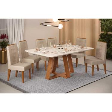 Imagem de Conjunto: Mesa de Cozinha Celeste c/ Tampo Madeirado c/ Vidro Curvo 160x90cm e 6 Cadeiras Lia Freijo/Off White - Suede Kraft - DJ Móveis