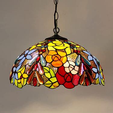 Imagem de Lustre estilo Tiffany de 40 cm (16 polegadas), luminária pendente vintage feita à mão em vitral, altura ajustável, lâmpada de teto LED E27 para decoração de sala de estar, quarto e sala de j