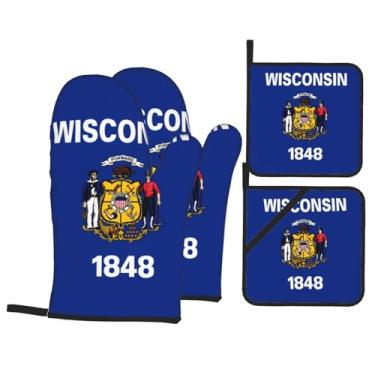 Imagem de Conjunto de luvas de forno impressas com bandeira do estado de Wisconsin, conjunto de 4 peças adequado para grelhar, cozinhar e assar