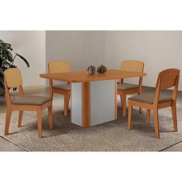 Imagem de Conjunto: Mesa Sala Jantar Pietá Tampo Curvo 120cm+4 Cadeiras Havana Naturale/Off White - Suede Capuccino - Rufato