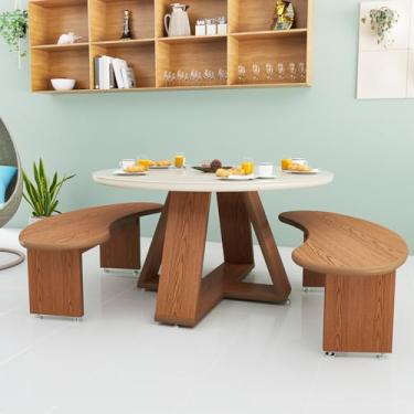 Imagem de Mesa de Jantar Redonda com Vidro Bancos Curvos Off White Nature Premium