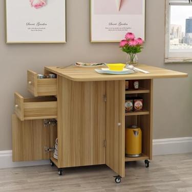 Imagem de Mesa dobrável, mesa de jantar dobrável móvel, mesa versátil extensível, armazenamento com 2 gavetas, 6 rodas universais, mesa de jantar escondida com economia de espaço (Cor: Estilo 2, Tamanho: C 120
