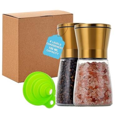 Imagem de DAVIMADE Conjunto de moedor de sal e pimenta de ouro premium, 2 unidades, lâminas de cerâmica grossas, ajustáveis, funil de silicone de bônus, acessórios de cozinha dourados curtos