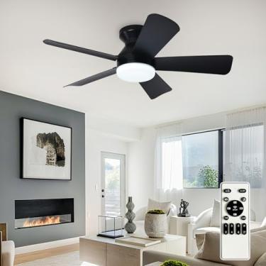 Imagem de BvenuBigLite Ventiladores de teto modernos com luzes: Ventilador de teto de perfil baixo de 89 cm com luz e controle remoto - Ventilador de teto preto para quarto reversível 3CCT temporizador