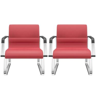 Imagem de Kit 02 Cadeiras de Escritório Recepção Fixa Pés Cromado Lev P03 Vinil Vermelho - Lyam Decor