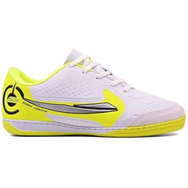 Imagem de Chuteira Futsal Profissional Costurada com Palmilha de Gel – Conforto Extremo, Alta Aderência, Ideal para Futebol de Salão, Quadra Indoor e Society (1, Amarelo/Branco, BR, Adulto, Numérico, 43)