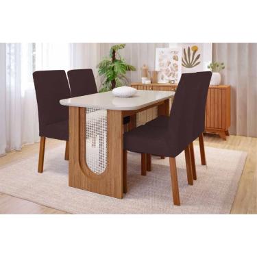 Imagem de Conjunto: Mesa Sala Jantar Valentina Tampo Madeirado c/ Vidro 130x80cm e 4 Cadeiras Maia Cinamomo/Off White - Nature/Suede Mascavo Chocolate Cimol
