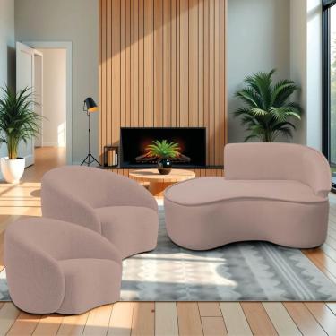 Imagem de Kit Divã Recamier Orgânico Marrocos 150cm Lado Esquerdo E 2 Poltronas Amore Linho Rosê