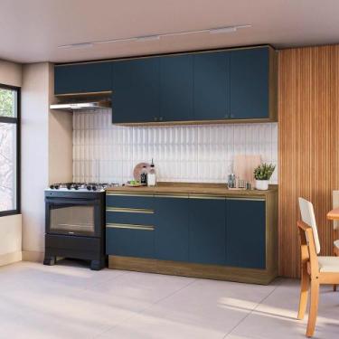 Imagem de Armário de Cozinha Completa 100% MDF 260cm Nogueira/Azul Profundo Cele