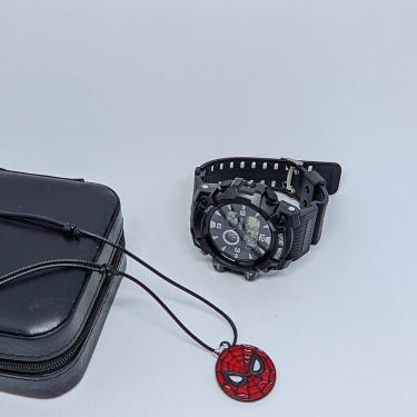 Imagem de Kit Relógio Infantil Masculino Digital Esportivo Militar LED Alarme Cronômetro + Colar cordão Homem aranha ajustável