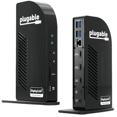 Imagem de Plugable Estação de ancoragem para monitor triplo USB-C: base para laptop 13 em 1 com carregamento de 100 W para Mac (driver DisplayLink necessário), Windows, Chrome, 3 HDMI, Gigabit Ethernet, SD