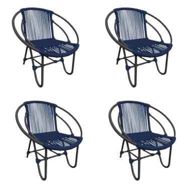 Imagem de Kit 4 Cadeiras Decorativa Julia Em Corda Náutica E Base Em Alumínio Preta- Azul Marinho