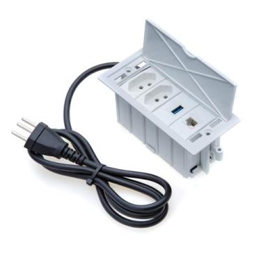Imagem de Caixa De Tomada 4 Blocos 2 Tomadas 10A 1 USB dados 1 RJ45 CAT5E Branco