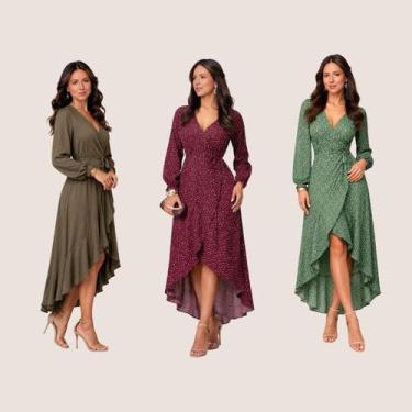 Imagem de Vestido Sofisticado Midi Manga Longa Transpassado Ajustável Poema Prem