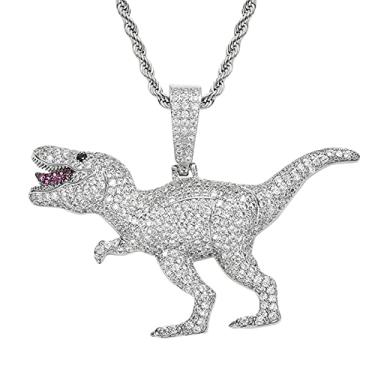 Imagem de Fantex Pingente de dinossauro com diamante brilhante Iced Out com corrente de corda, joia hip hop folheada a ouro 14K para homens e mulheres, Latão, Zircônia cúbica