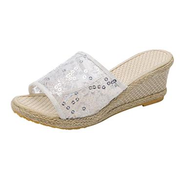 Imagem de Sandálias plataforma femininas casuais verão romanas sandálias abertas com fivela de couro sandálias planas para caminhada retrô sandálias femininas, Branco, 10