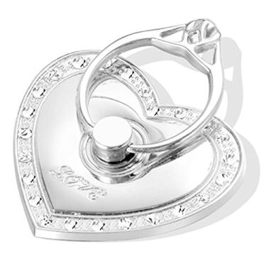 Imagem de Suporte de telefone, luxuoso e atualizado, reutilizável, metal inoxidável, suporte de anel antiqueda para telefone e tablet com diamantes para iPhone iPod iPad Samsung e mais (formato de coração), Prata