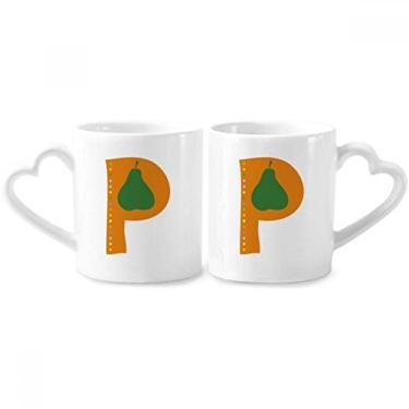 Imagem de P Alfabeto pera frutas padrão bonito casal porcelana conjunto de canecas de cerâmica para amantes copo coração alça