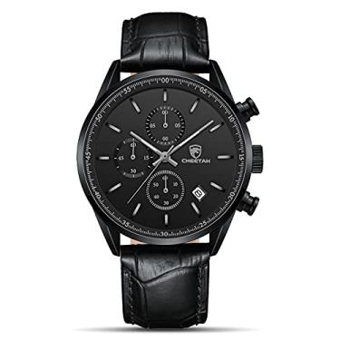 Imagem de CHEETAH Relógios masculinos modernos de negócios com pulseira de aço inoxidável ou couro à prova d'água, cronógrafo de quartzo, para homens com data automática, Preto, cinza