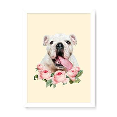 Imagem de Arte Maníacos Quadro Decorativo Bulldog Inglês Flores - 23x16,25cm (Moldura caixa em laca branca)