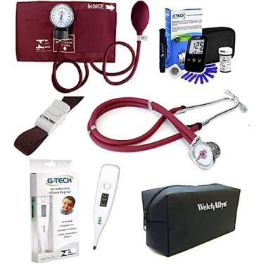 Imagem de Kit De Enfermagem Completo Com Glicosímetro + Esteto Esfigmo Termômetro Garrote E Necessaire (VINHO)