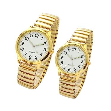 Imagem de YingHwa Relógios masculinos/femininos, relógios clássicos para casais, relógio analógico grande de quartzo digital para homens e mulheres, pulseira elástica clássica da moda, Branco e dourado