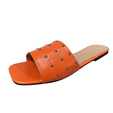 Imagem de Chinelos femininos respiráveis de bico aberto primavera e verão tamanho grande chinelos femininos casuais planos leves confortáveis sapatos de praia (laranja, 9)