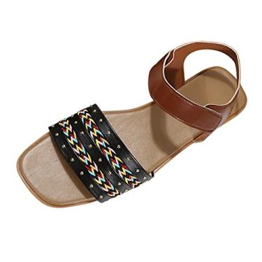 Imagem de Sandálias rasteiras femininas moda verão couro colorido decoração de tecido aberto dedo do pé gancho laço sandálias planas (preto, 8,5)