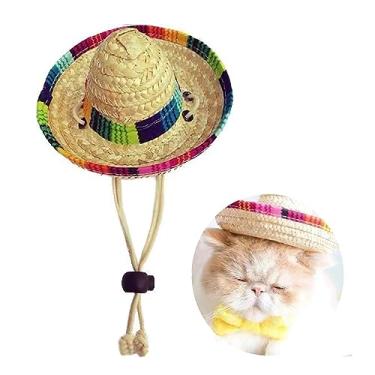Imagem de Chapéu de palha trançado para cães de estimação gato chapéu de palha estilo mexicano chapéu de sol adequado para fotos fantasias adereços festa cosplay (corda de algodão)