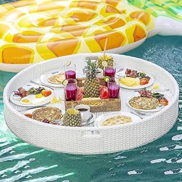 Imagem de Bandeja Redonda De Vime Para Piscina Bandeja Flutuante Portátil Para Piscina, Mesa Flutuante De Luxo Para Servir, Bandeja Elegante De Brunch Na Água Com Alças, Para Adultos, Spas, Banho E Festas,B