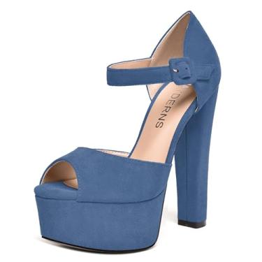 Imagem de WAYDERNS Sapato feminino peep toe tira no tornozelo camurça sólida fivela casamento plataforma vestido bloco salto alto sapatos 6 polegadas, Azul-escuro, 11.5