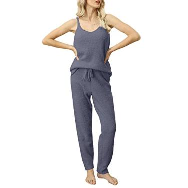 Imagem de Conjunto de Pijamas de Espaguete, Conjunto de Salão de Espaguete de Malha Elegante, Calças Compridas de Cor Pura Com Cordão de Pescoço Em V para o Outono (L)