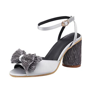 Imagem de CsgrFagr Sandálias femininas britânicas de couro de cor sólida arco salto grosso moda oca sandálias femininas bonitas sandálias tamanho 9, Cinza, 7