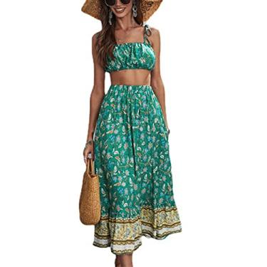 Imagem de Conjunto de Vestido Maxi Feminino Com Estampa Floral e Babados de 2 Peças Com Alça Fina Elástica Cintura Alta Moda para Mulheres Verão (S)