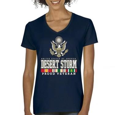 Imagem de Camiseta feminina Desert Storm Proud Veteran com decote em V American Army Gulf War Operation Served DD 214 Veterans Day Patriot Tee, Azul marinho, XXG