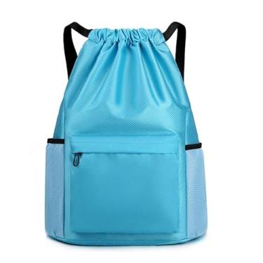 Imagem de Bolsa com cordão, mochila leve com suporte para garrafa de água e bolsos, mochila esportiva de ginástica, Azul claro, Small, Esportes