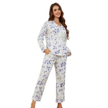 Imagem de LYCY Conjunto de pijama feminino com estampa floral, manga comprida com botões e pijama para mulheres, pijama macio de 2 peças, Roxo floral - bege, M